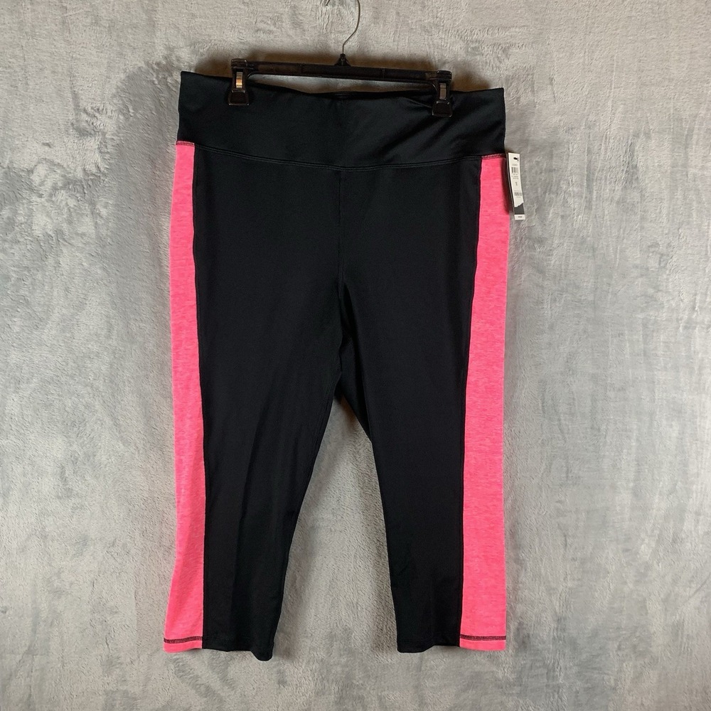 Ideology Women's Leggings 1X Black‎ Pink Crop Capri Pockets Pull On Gym Athletic